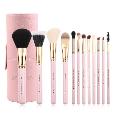 China Angular Blush High-End ZOREYA Makeup Brush Set 12pcs Professional Black Stand Black Pink Makeup for sale