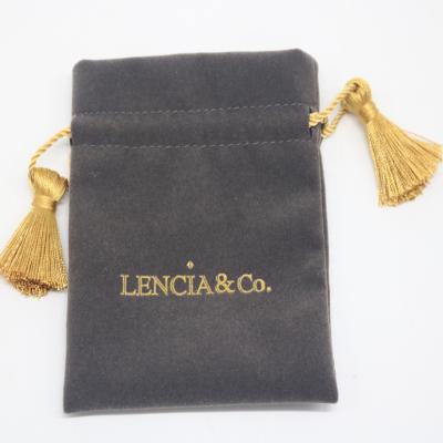 China Hot Selling Recyclable Newest Design Dark Gray Drawstring Velvet Bags With Printed for sale