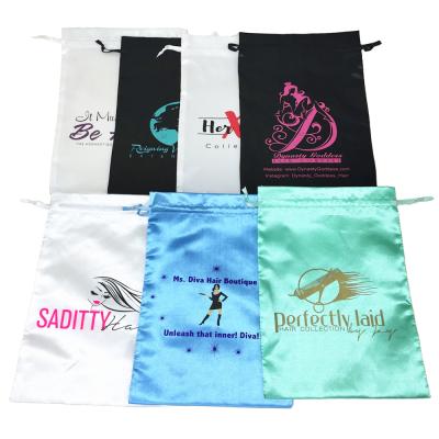 China Recyclable Custom Logo Wig Drawstring Bag Silk Satin Bags For Hair Bundles for sale