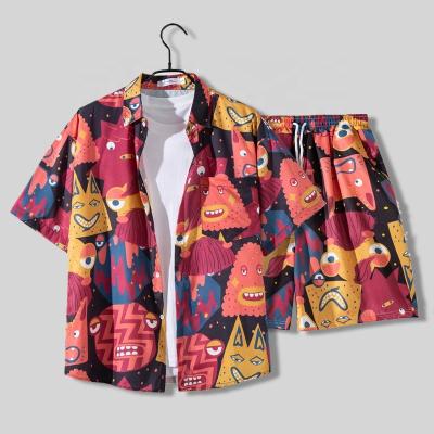 China 2022 Hot Selling Cartoon Pattern Beach Loose Casual Sets Hawaiian Print QUICK DRY Half Sleeve Shirt Men 2 Piece Set for sale