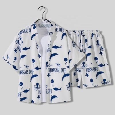 China Factory Price Shark Pattern Beach Loose Casual Sets Hawaiian Print QUICK DRY Half Sleeve Shirt Men 2 Piece Set for sale