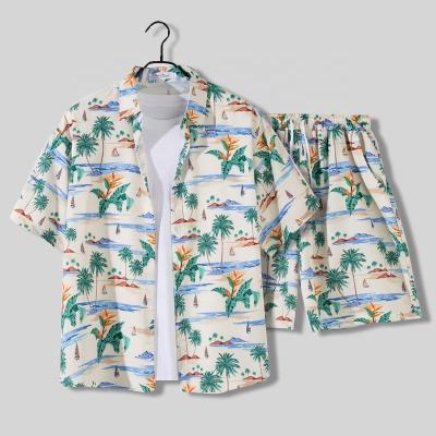 China Factory Price QUICK DRY Hawaiian Printed Flowers Pattern Half Sleeve Shirt Men Loose Beach Casual Sets 2 Piece Set for sale