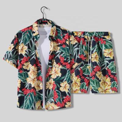 China New Arrival QUICK DRY Hawaiian Print Flowers Pattern Half Sleeve Shirt Men Loose Beach Casual Sets 2 Piece Set for sale