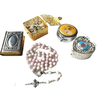 China Religious Custom Design Catholic Jewelry Rosary Metal Packing Box for sale