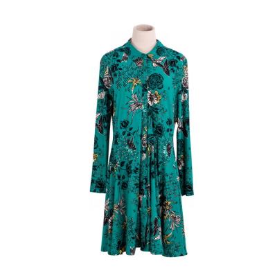 China 2021 Spring Floral Print Dress Elegant Green Casual Dress Ladies Long Sleeve Anti-static Women's Fashion Dress for sale