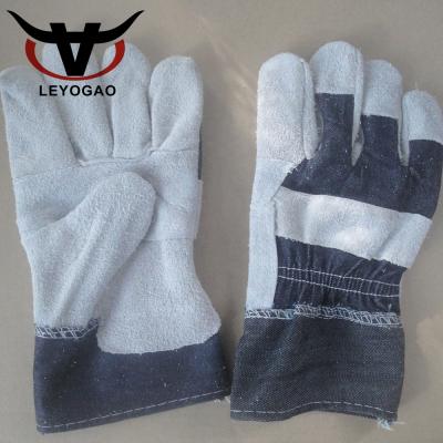 China Low Moq Patch Palm Cotton Denim Fabric Mechanic Work Cowhide Work Cowhide Leather Gloves Anti Cut for sale