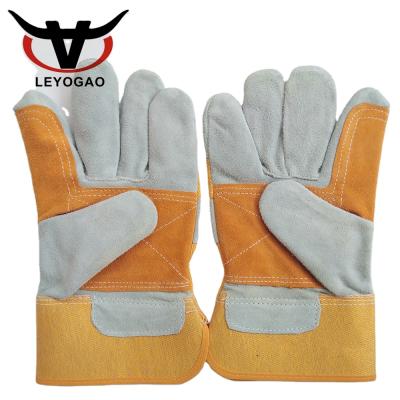 China Leather Reinforced Palm Yellow Gray Cowhide Split Leather Gloves Double Safety General Purpose Gloves Work Gloves for sale