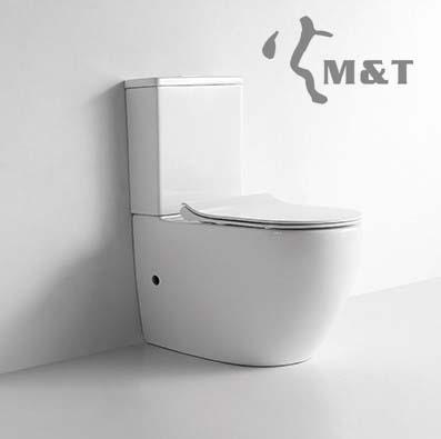 China Double-Flow Ceramic Short Throw Rimless Close Coupled Toilet With Concealed Cistern And Slim Soft Close Seat Bathroom for sale