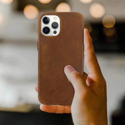 China Retro Crazy Horse Custom Shockproof Leather First Layer Cowhide Phone Case for iphone 13 pro max for sale