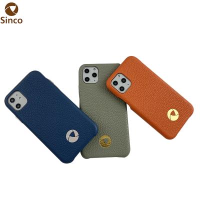 China Anti-fall hot sale luxury high premium real cowhide pebbled leather cell phone case embossed logo for iphone 11 11 pro 11 pro max for sale