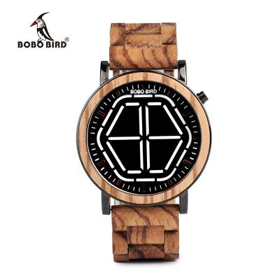 China New Alarm Bobo Bird Design Led Electronic Wooden Watch With Hexagonal Fashion Men's White Light Bamboo Watch for sale