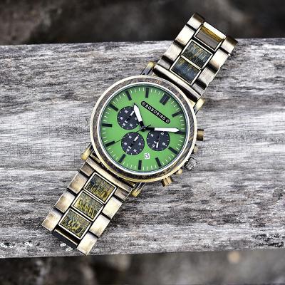 China Hot Sale BOBO BIRD Auto Date Green Sandalwood Branded Chronograph Custom Wood Watches Mens Luxury Wrist for sale