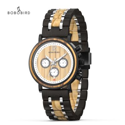 China Chronograph BOBO BIRD Chronograph Wristwatch Mens Wood Watches With Date Week Watch Stainless Steel Wood Band OEM for sale