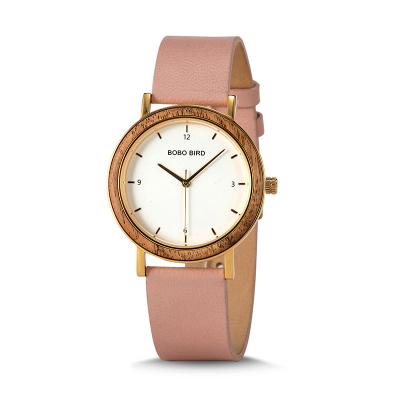 China Chronograph Custom Your Own Logo BamBoo Wooden Watch China Watches Soft Pink Hand Bands Leather Trim For Women for sale