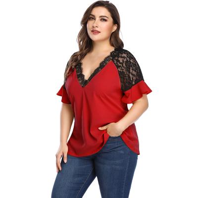 China Wholesale Oversized Casual Women's Clothing Breathable Shorts Sheath Low Cut Sexy V-Neck Lace Plus Size T-shirt For Women for sale