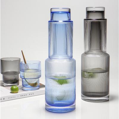 China Adults Gold Handmade Blue Smoking Clear Rim Ribbed Carafe Water Bottle Drinking Glass Set Glass Water Glass for sale