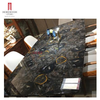 China DINING TABLE Foshan Furniture Luxury Modern Black Petrified Wood Dining Table Top for sale