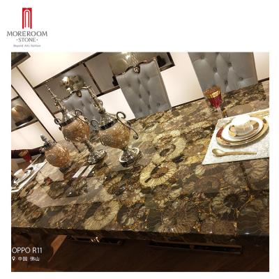 China Gemstone Extendable Luxury Nautilus Living Room Furniture Dining Table Fossil Stone Set for sale