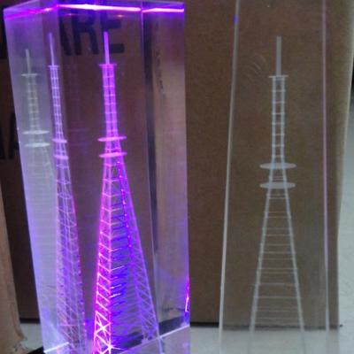 China New Europe 3d laser glass crystal cube electric etching tower with led base for sale