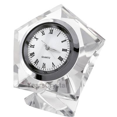 China Europe Market Pentagon Diamond Cut Desktop Miniature Clock Glass Crystal Mini Clock for sale