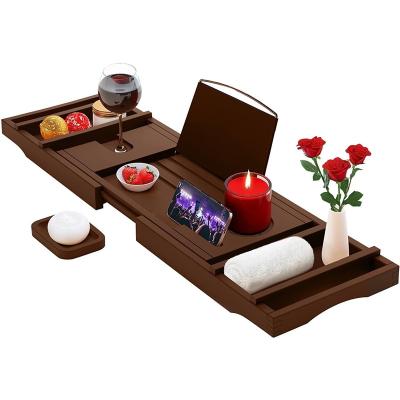 China Bamboo Wooden Expandable and Non-slip Viable Tub Cart, Tub Tray With Book and Wine Glass Rack for sale