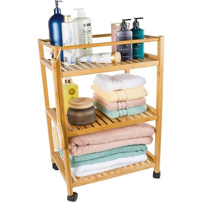 China Sustainable Bamboo Wooden 3-Tires Storage Corner Shelf With 3 Cloth Bags And Two Handles for sale