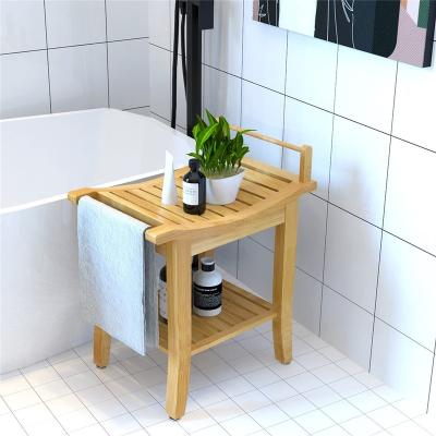 China (Size) Adjustable 2 Tier Shelf Rack Bathroom Towel Storage Shower Bath Stool Shoes Stretch Bamboo Bench for sale