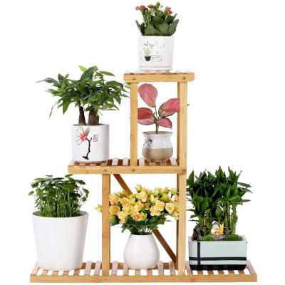 China 3-Tier Foldable Viable Flower Display Shelf Organizer Stretch Ladder Plant Bamboo Wooden Stand for Home and Garden for sale