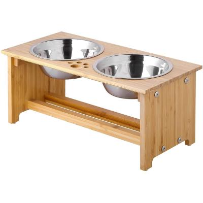 China Sustainable Wall Mounted Elevated Pet Feeder With 2 Stainless Steel Dog Or Cat Dishes Rustic Wooden Raised Storage Shelf Pet Bowls for sale