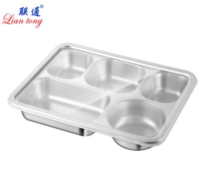 China Food Grade Stainless Steel School Lunch Box 5 Compartment Heatable Food Tray With Plastic Lid for sale