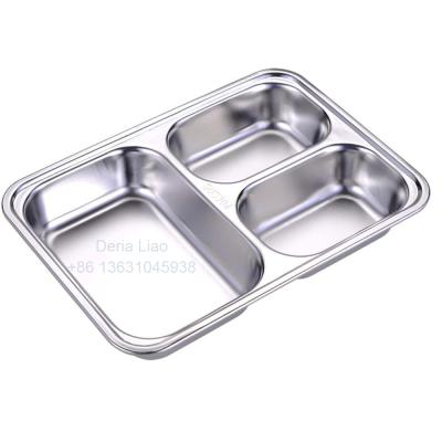 China Modern Hospital Canteen School Student Kids Children Stainless Steel 3 Compartment Dinner Dish Fast Food Lunch Box Tray with Lid for sale