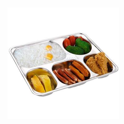 China Viable Factory School Stainless Steel Separation Fast Food Mess Tray Cheap 5 Compartment Divided Lunch Dish Bowl With Cover for sale