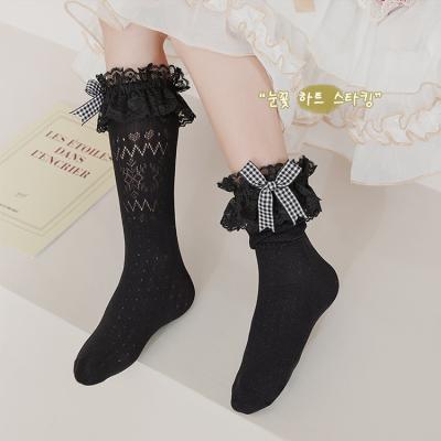 China QUICK DRY knee high plaid lace bow socks knit cotton tube newborn ruffled babies hollow out baby socks for sale