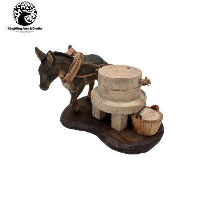 China Europe or America Decorations Handmade Wooden Handicraft Carving Rural Style Vintage Donkey Working for sale