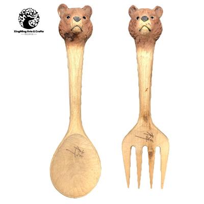 China Europe and America Hand Carved Wooden Salad Server Brown Bear Design Handle Forks and Spoons for Wholesale for sale