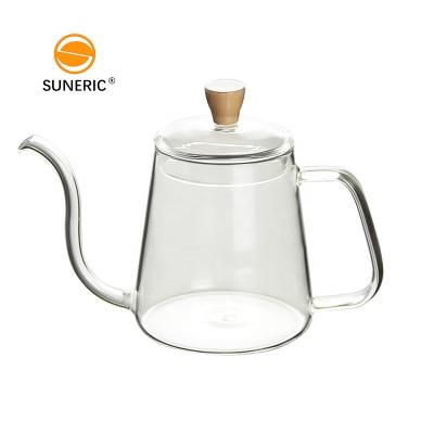 China Sustainable High Borosilicate Teapot Drip Coffee Tea Glass Pour Over Gooseneck Kettle With Handle for sale