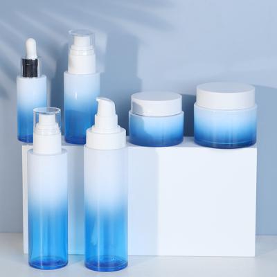 China Cosmetic Cosmetic Container 150/120ml Empty White Blue Petg Plastic Lotion Bottle Set Spray Toner Skincare Bottle Set for sale