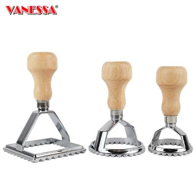 China Disposable Zinc Alloy Ravioli Stamp Set Cookie Press Sets Dought Cutter With Wooden Handle for sale