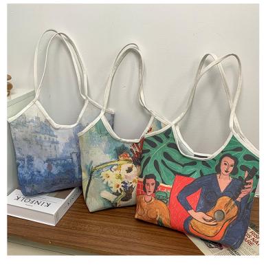 China Custom Made Fashion Cotton Canvas Tote Bag Large Capacity Oil Painting Shoulder Handbag New for sale