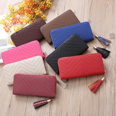 China Other New PU Bitcoin Wallets Tassel Plaid Long Bag Zipper Student Wallet Slim Single Handle Clutch Wavy Cell Phone Bags for sale