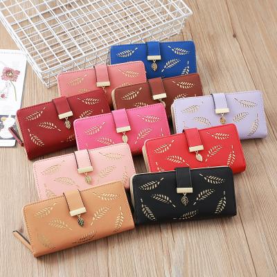 China New Fashion Flower Leaf Women's Other Custom Wallet PU Cell Phone Double Hollow Wallet Zipper Long Bags Waterproof Card Holder for sale