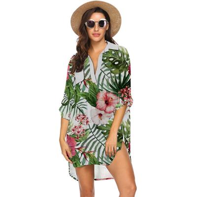 China Loose Summer Sun Shirt Ladies V-Neck Beach Swimwear Blouse Long Breathable Shirt Skirt for sale