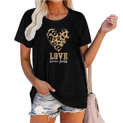 China New Arrival Women's Breathable Polyester Round Neck Leopard Print Heart Print Black Casual Short Sleeve T-Shirt Shirts For Women for sale