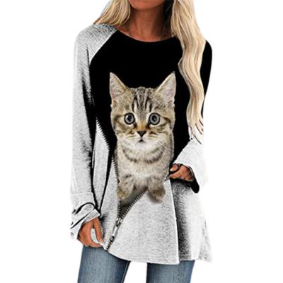 China Breathable Women's High Quality New Cat Pattern 3D Polyester Printing Casual Loose Round Neck Long Sleeve T-Shirt for sale