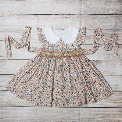 China RTS Viable Smocked Clothes Girls Vintage Linen Cotton Dresses Toddler Girl Summer Hand Embroidery Smocked Dress for sale