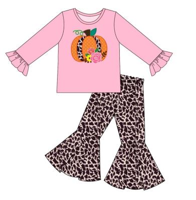 China Casual High Quality Girl Outfit Embroidery Pumpkin Fall Boutique Babies Floral Clothes Kids Knit Cotton Dressing Set for sale