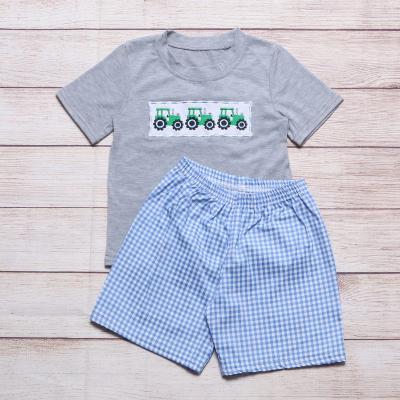 China New Arrivals Baby Boy Summer Casual Cotton Conice Blue Plaid Shorts Truck Pattern Print Set Kidswear Outfits Gray Top Children for sale