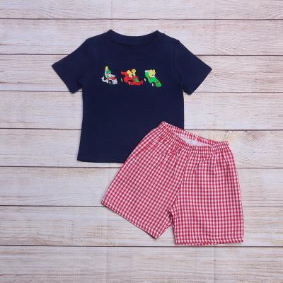 China Children's casual wholesale boutique summer short sleeve baby boy clothing set cute car embroidery clothes for sale