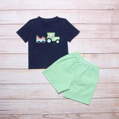 China 2022 hot sale baby boy casual two set summer green trucks and watermelons short boy's team children's set boutique for sale