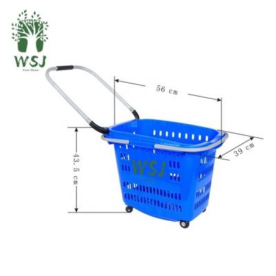 China Sustainable Large 40L Supermarket Plastic Plastic Shopping Basket Shopping Cart Colorful With Hand Pull for sale